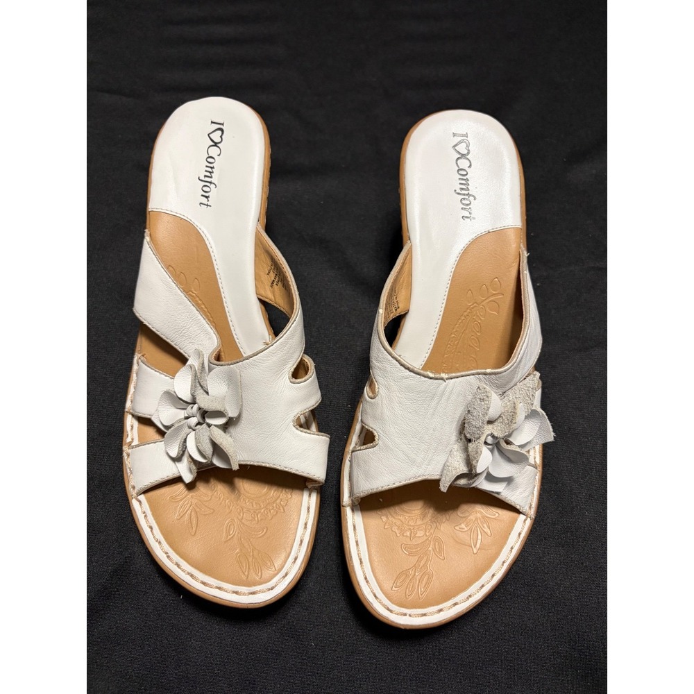 I Love Comfort White Leather Floral Slide Sandals Women's Size 9 Regular